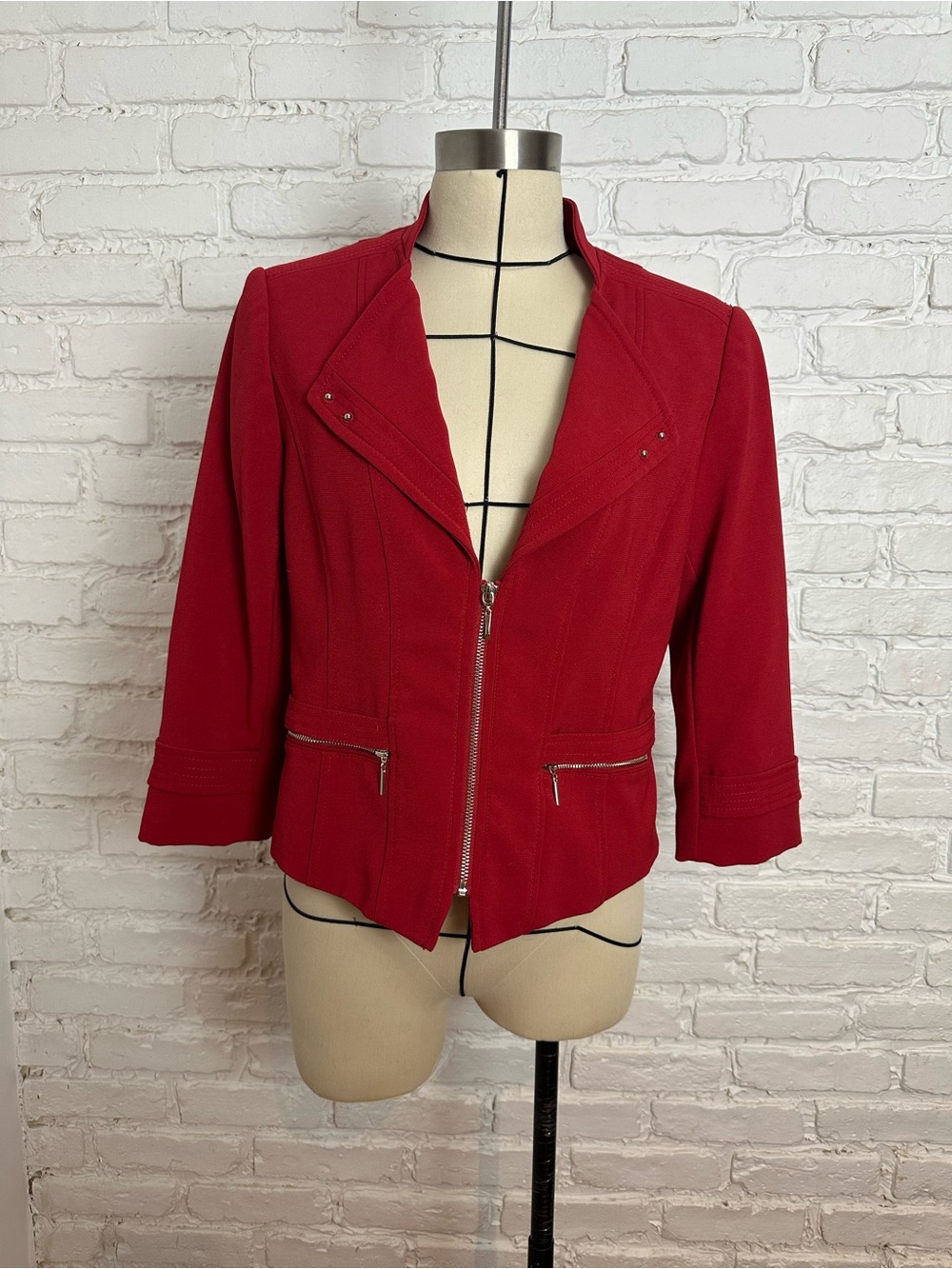 White House Black Market Red Zip Blazer with Notch Collar